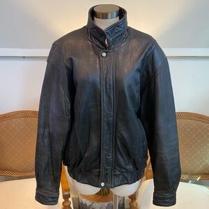 Men's Black Leather Bomber Jacket Size Large, Mock Neck, Snap-Button Closure